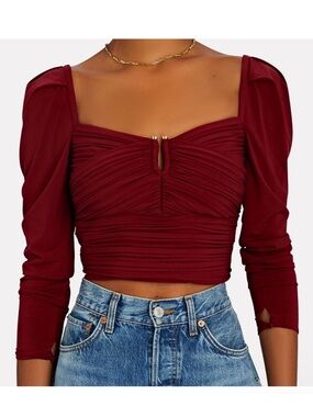 Self-Portrait Burgundy Jersey Gathered Long Sleeve Crop Top Blouse Size 2